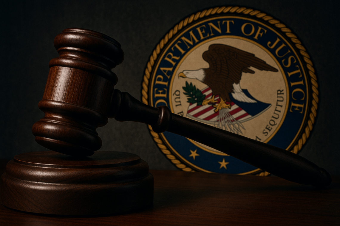 A close-up of a judge's wooden gavel in front of the U.S. Department of Justice seal