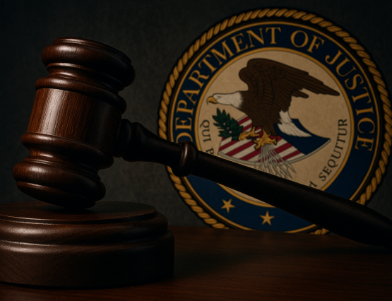 A close-up of a judge's wooden gavel in front of the U.S. Department of Justice seal